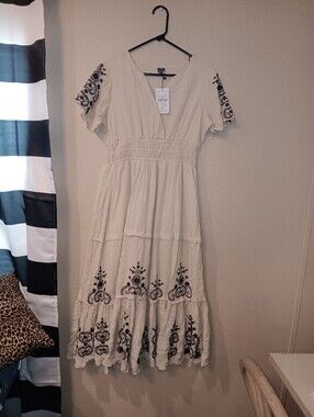 L.O.V. Bohemian Cream Maxi Dress with Black Embroidery Sz S